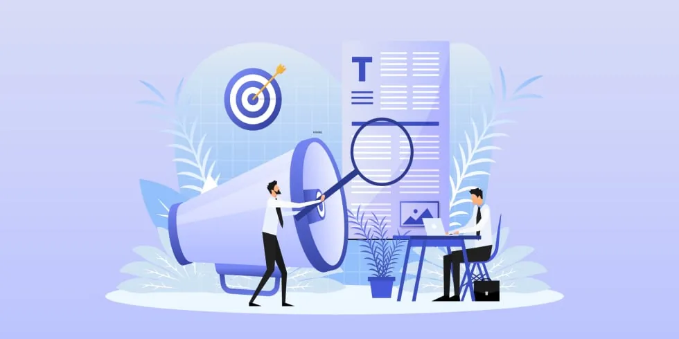 Graphic of Advertising Copy with Magnifying Glass and Megaphone