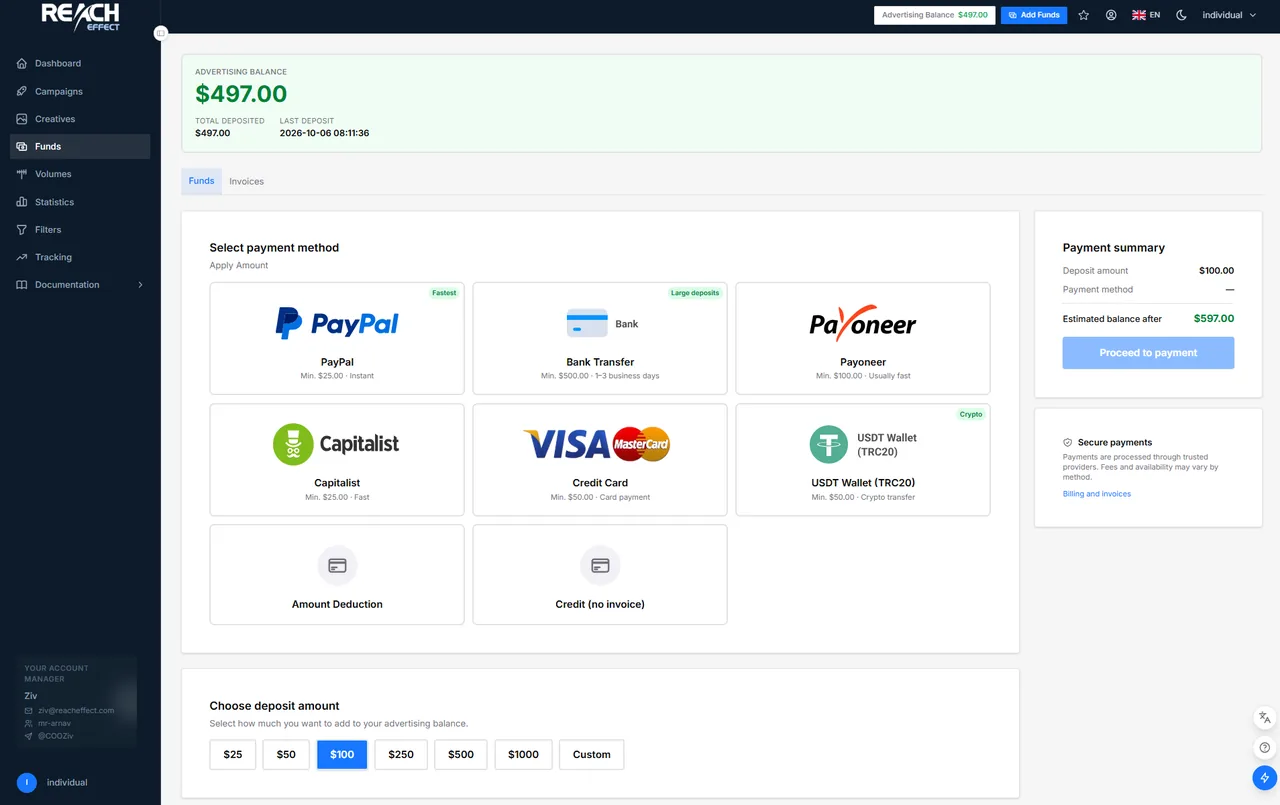 The Funds page: payment-method tiles, amount presets, payment summary and the transaction list